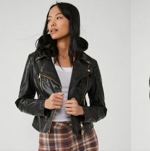 We The Free Black Leather Jacket with Gold Accents